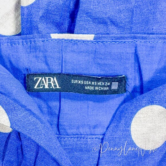 Zara Linen Blend Polka Dot Ruched Midi Dress Blue/Tan - Picture 6 of 13